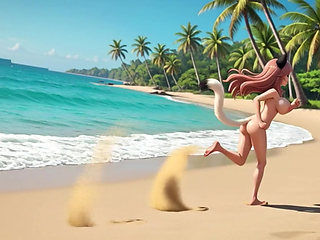 Two gorgeous voluptuous neko girls relaxing completely nude together on sunny tropical beach paradise