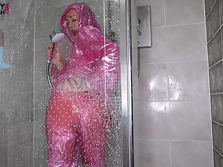 Slippery Pink Pvc Shower Tease: Soaked and Squeaky Fun