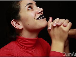 Cfnm - Red Turtleneck, Black Lips - Handjob + Cum Mouthful + Cum On Clothes