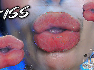 Intimate Close-up Clear Lipgloss Spitting Kiss