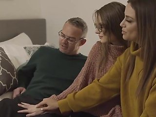 Submissive brunette teen sucking a stepfam cock to start FFM