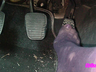 Nyllady's Footjob to Gearshift and Wheel in Patterned Pantyhose