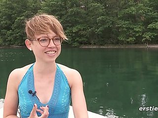 German Amateur Girl with Glasses Fingering Her Tight Pussy Outdoors