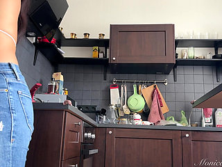 Tight Jeans and Exposed Belly in the Kitchen