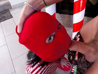 Masked bimbo Liora Vane gets properly fucked in the living room