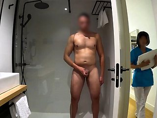 I jerk off in the bathroom until the room service cleaning girl comes in and helps me finish cumming