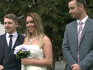 Brunette babe in wedding dress gets fucked hard