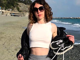 This petite exhibitionist shows off her body and sucks cock